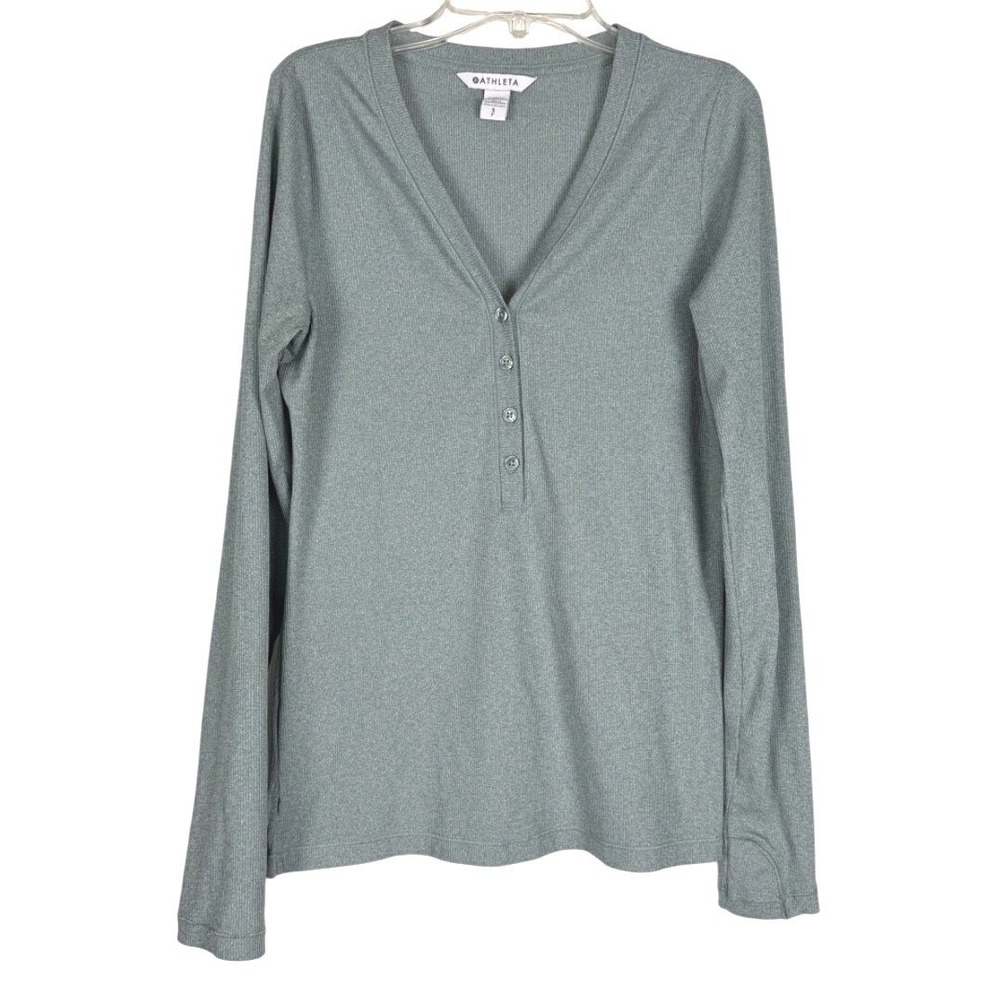 Athleta‎ Uptempo Ribbed Henley Top Small Green Womens Long Sleeve Lightweight
